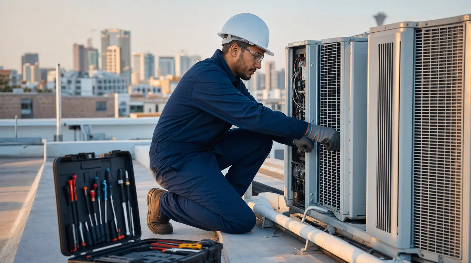 Technicien de maintenance multitechnique intervenant sur une installation CVC en toiture
